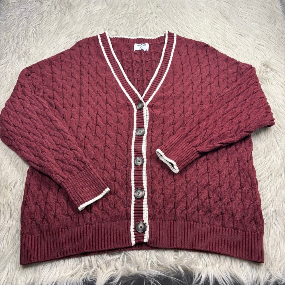 Oldβ Navy Women's XXL Burgundy Cable-Knit Varsity Cardigan Preppy Heritage